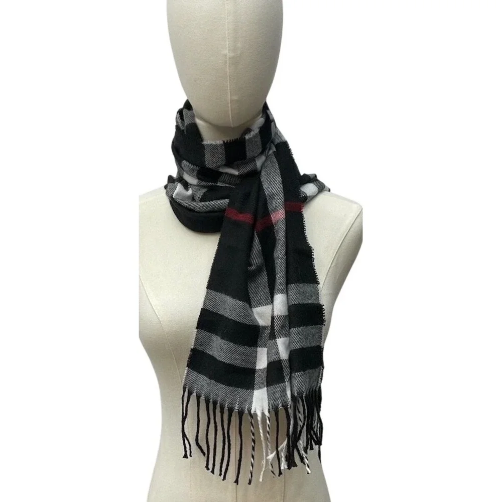 Dillards Plaid Fringe Scarf Black Gray Red‎ Tartan Nova Check Winter Wrap Unisex
